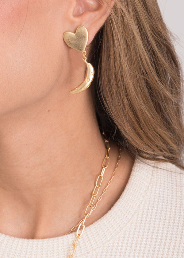 Heart Stud & Dangling Banana Charm Earrings 24K Gold