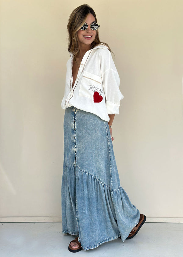 Camisa Manga Larga en Lino con Bordados y Entredos - Caléndula