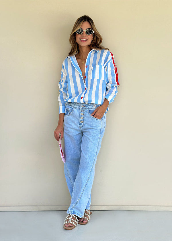 Lirio Blue Striped Linen-Effect Long Sleeve Shirt - Join the Waitlist