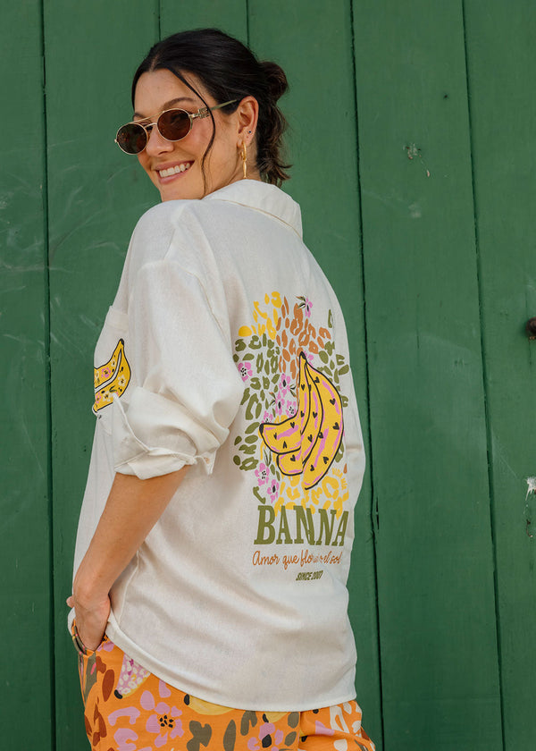 Lola Ivory Linen-Blend Printed Shirt