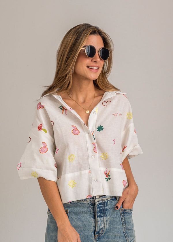 Siena Cotton Knit Short Sleeve Blouse with Linen Effect