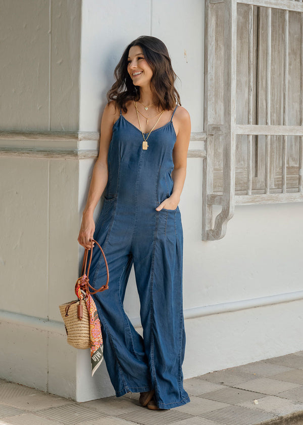 Vicenta Blue Tencel Wide-Leg Jumpsuit