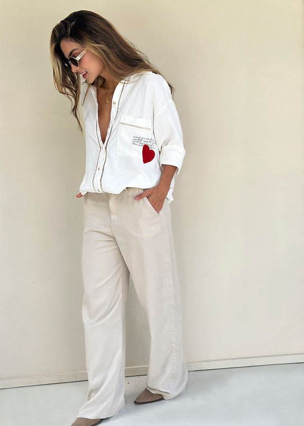 Magenta High-Waisted Beige Tencel Pants