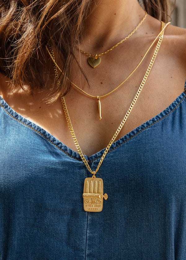 Set of 3 Layered Sardine Charm Necklaces 24K Gold