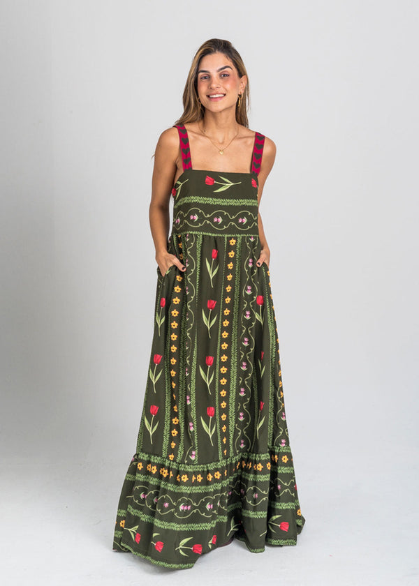 Serenidad Challis Printed Maxi Dress with Shirred Back