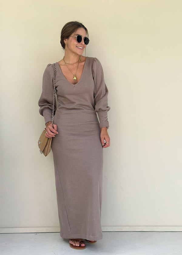 Muriel Camel Ribbed Maxi Dress