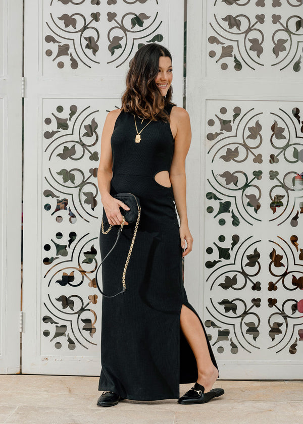 Loreta Black Rib Cut-Out Maxi Dress