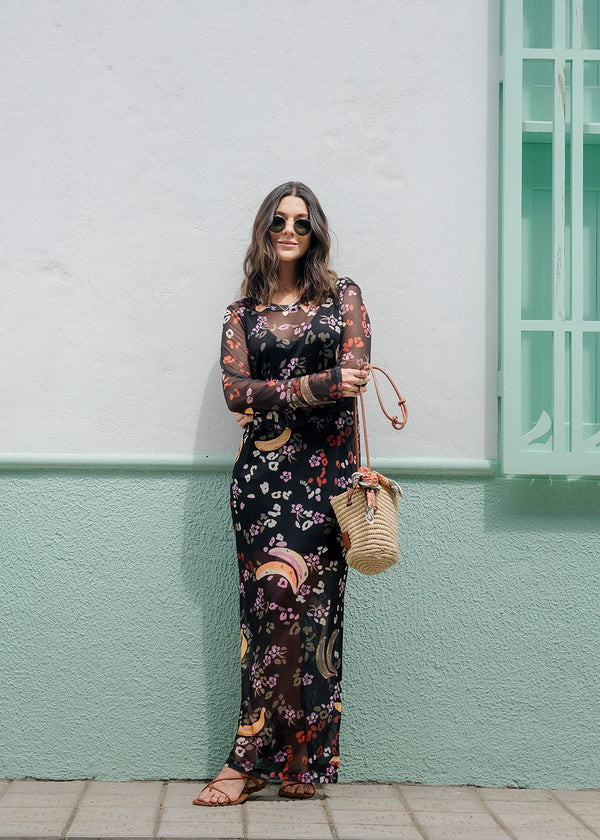 Pimienta Tropical Printed Black Mesh Maxi Dress